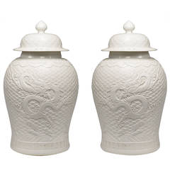 Pair of Well-Carved Blanc-de-Chine White Porcelain Jars with Covers