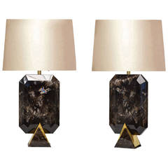 Pair of Carved Dark Brown Rock Crystal Quartz Lamps