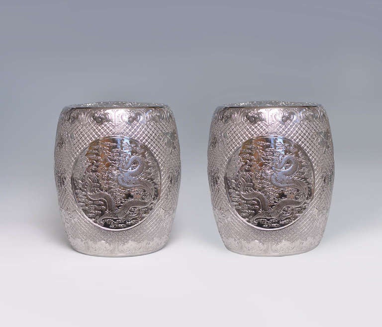 Silvered porcelain stools with fine carved dragons decorations