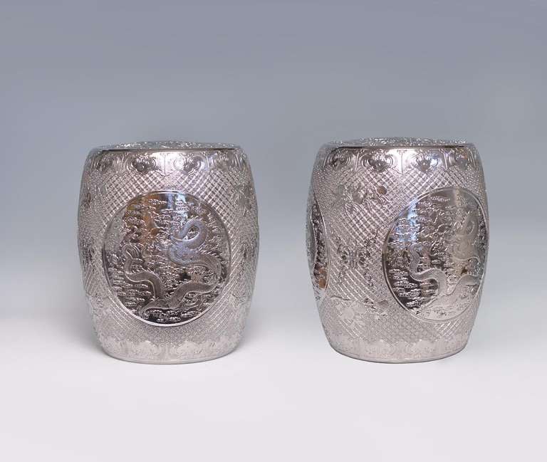 A Pair of Silvered Porcelain Stools In Good Condition In New York, NY