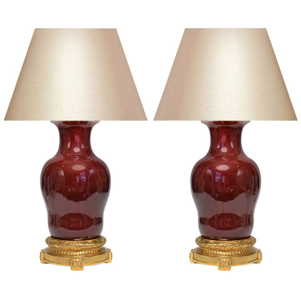 Pair of Ormolu Mounted Oxblood Porcelain Lamps