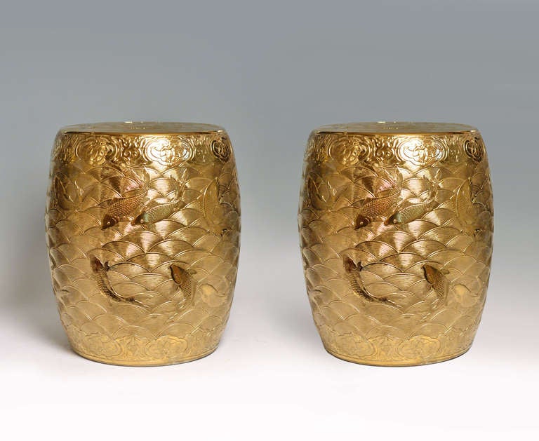 A Pair Of Fine Carved Gilt Porcelain Stools In Good Condition In New York, NY