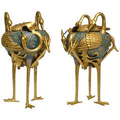 Pair of Cloisonne Triple Crane-Form Censers and Covers