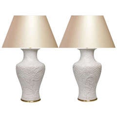 A Pair Of Fine Carved Blan-de-chine Porcelain Lamps