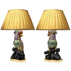 Pair of Fine Cast Cloisonne Enamel Parrots Mounted as Lamps