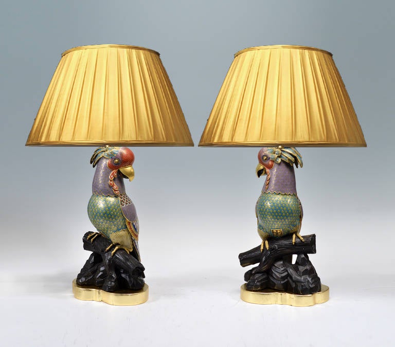Pair of Fine Cast Cloisonne Enamel Parrots Mounted as Lamps
