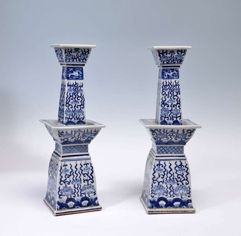 Pair of Blue and White Porcelain Candle Holders, circa 1930 For Sale at