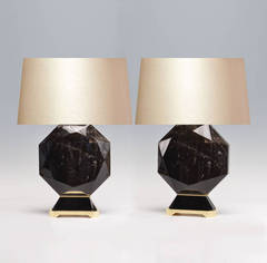 Pair of Octagon Form Dark Brown Rock Crystal Quartz Lamps with Gilt Bases