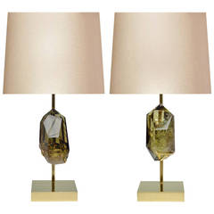 Pair of Fine Carved Diamond Topaz, Rock Crystal Quartz Lamps by Adam Fuks