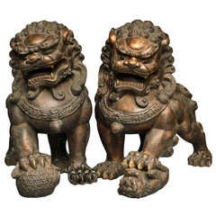 A Large Pair Of Gilt-lacquered Bronze Figures Of Foo Lions, 19th Century