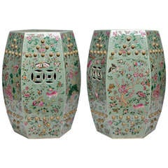 A Pair of Green-Ground Famille Rose Porcelain Stools