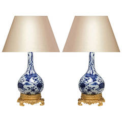 Pair of Ormolu Mounted Blue and White Porcelain Lamps