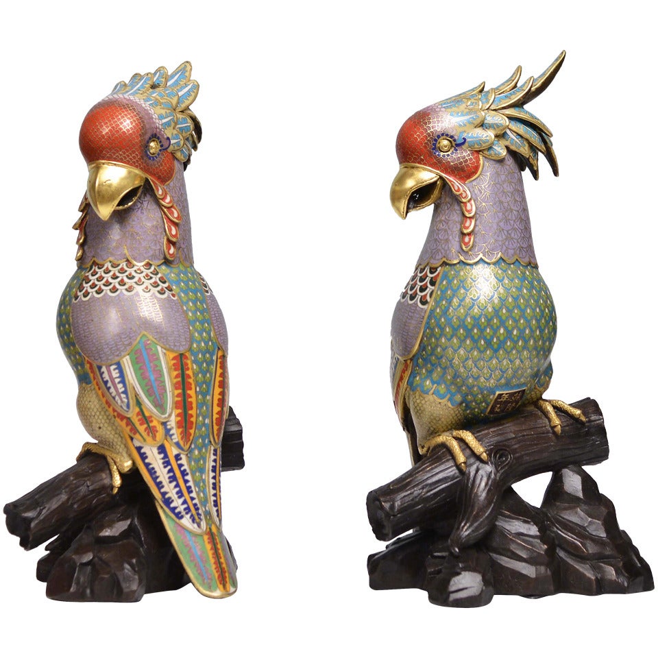 A Pair Of Cloisonne Enamel Parrot , ca 1930