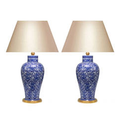 Pair of Blue and White Porcelain Lamps with Gilt Bronze Bases