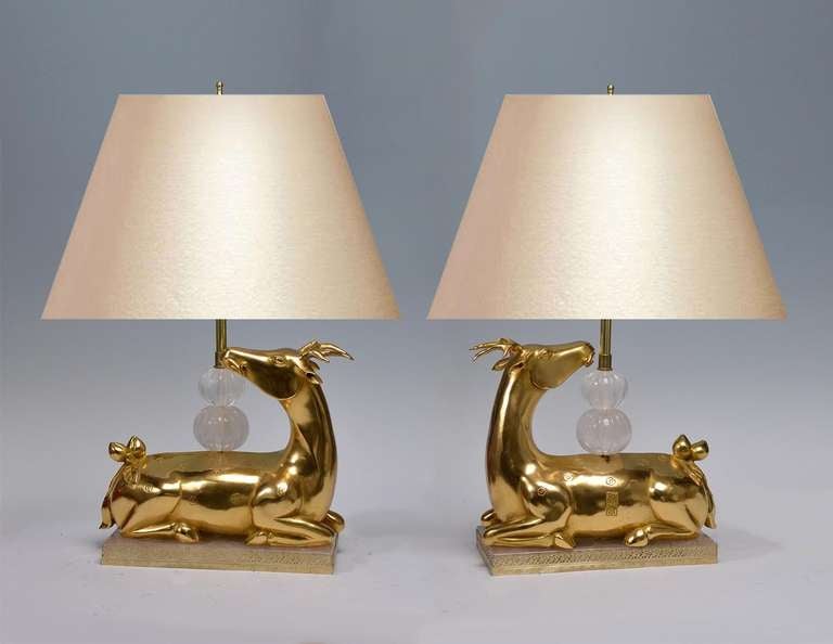 Fine cast bronze figures of the deer embellished with rock crystal mounted as lamps, circa 1970.
(Lampshade not included).
