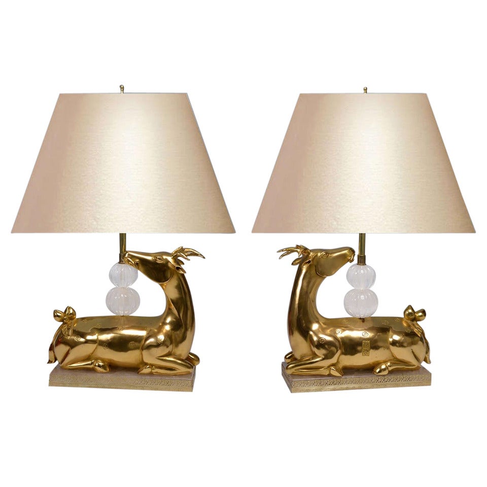Pair of Gilt Bronze Figures of the Deer Mounted as Lamps