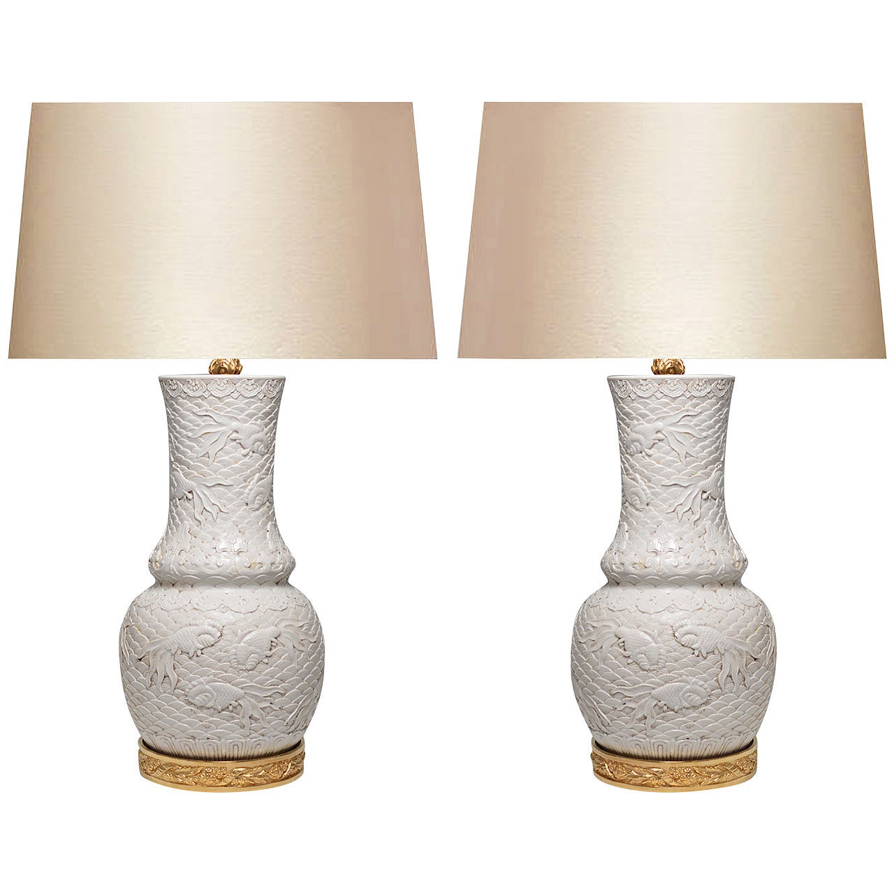 Pair of Fine Carved White Porcelain Lamps