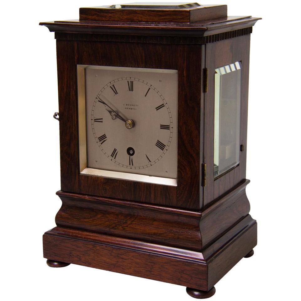 Small Rosewood Library Clock Signed J Bennett, Norwich For Sale