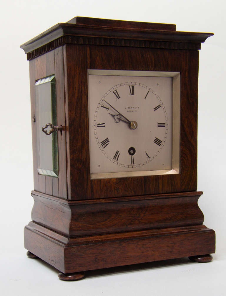 Small Rosewood Library Clock Signed J Bennett, Norwich For Sale 1