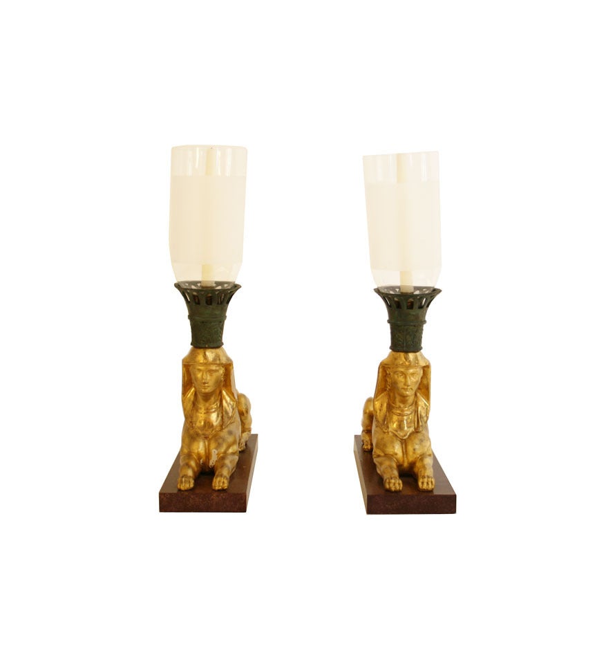 Pair of Sphinx Hurricane Lamps For Sale