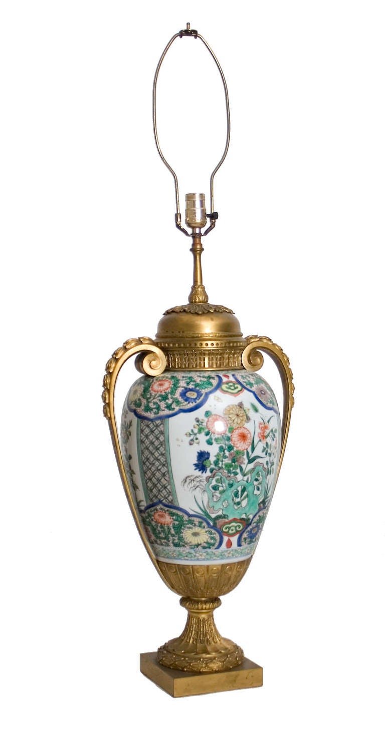 Chinese Porcelain Vase Mounted with French Ormolu Handles, Cap and Base