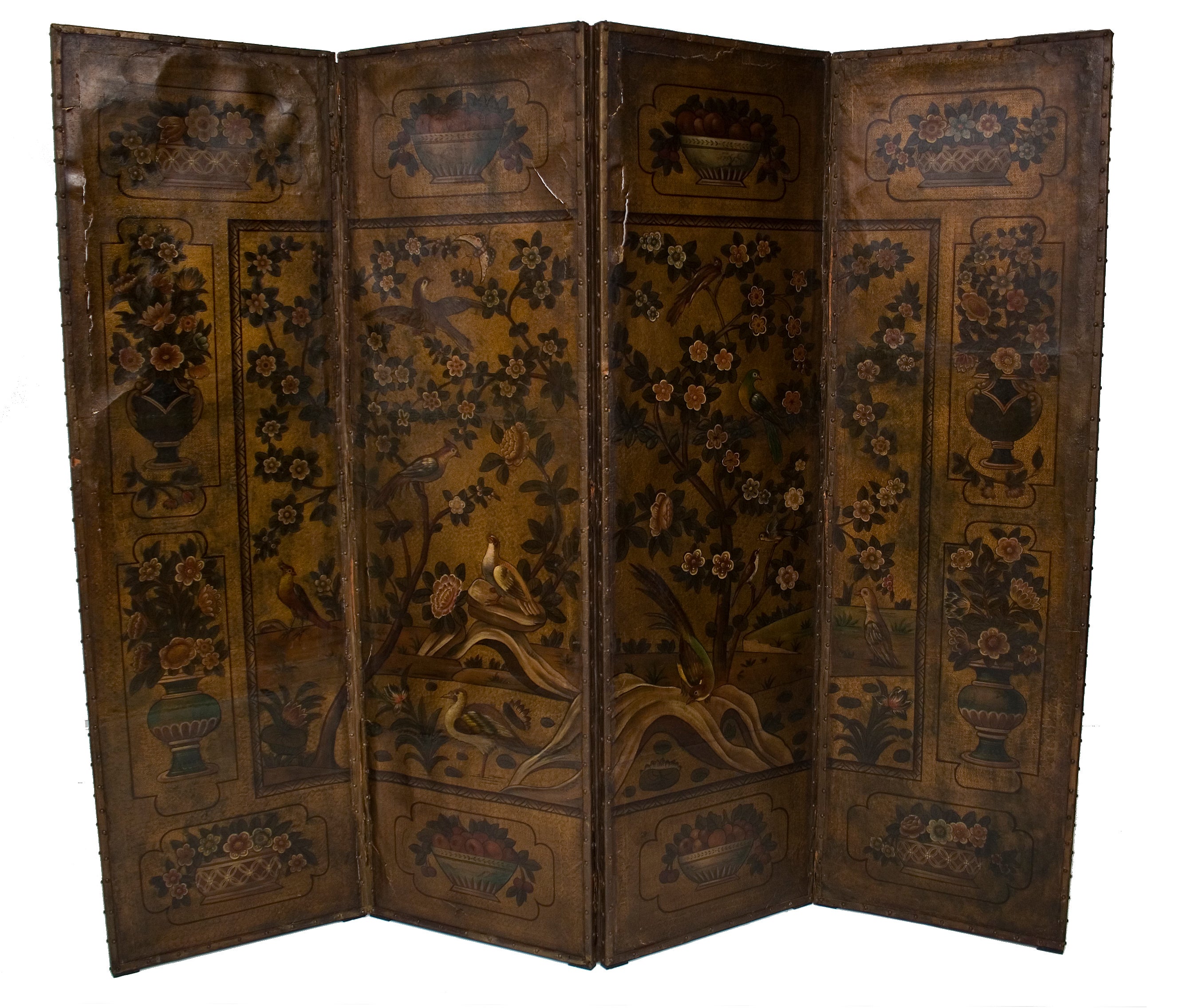 Dutch Embossed Leather and Painted Screen For Sale