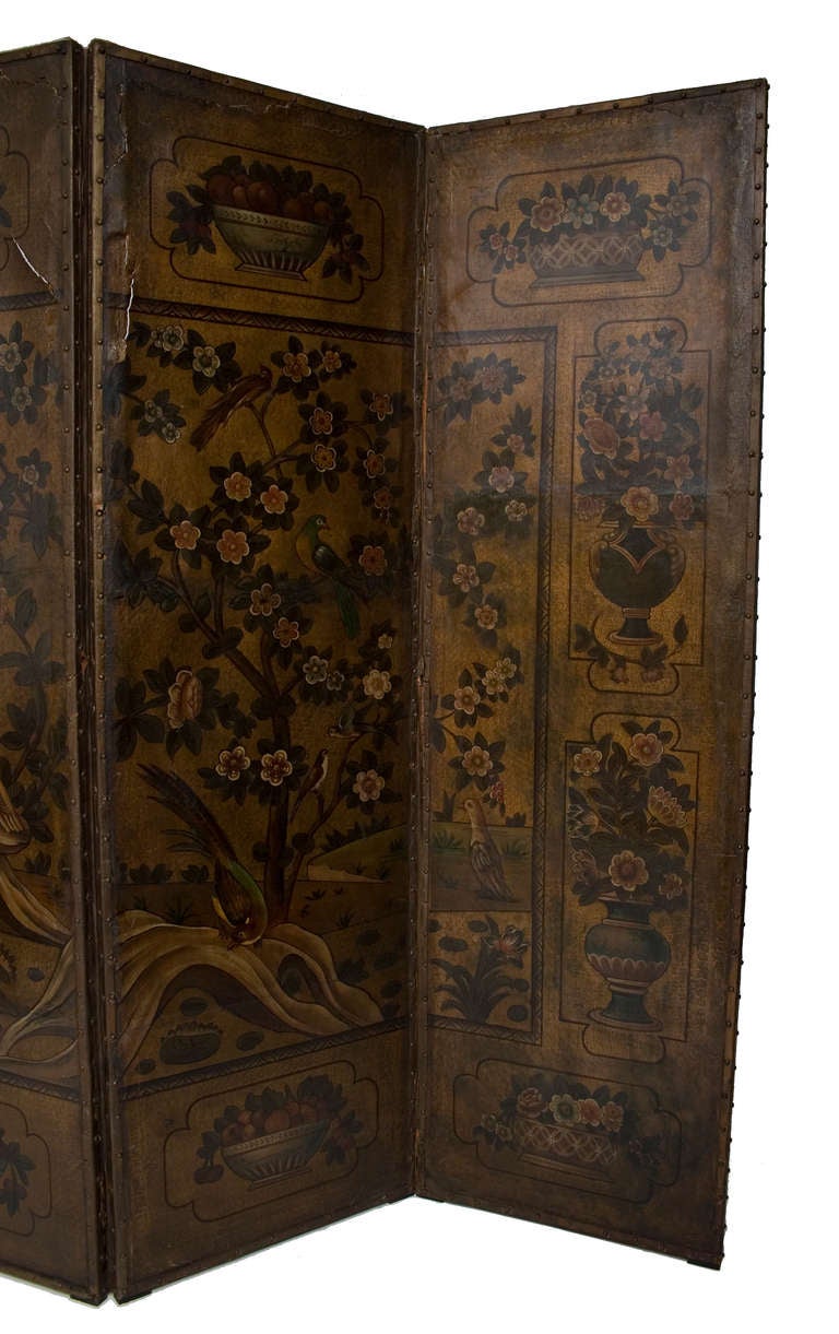Dutch Embossed Leather and Painted Screen In Good Condition For Sale In New York, NY