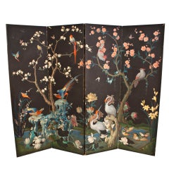 Four-Fold Screen with Hand Painted Paper Panels