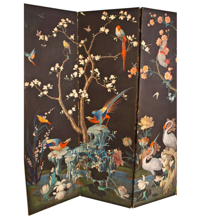 Four-Fold Screen with Hand Painted Paper Panels