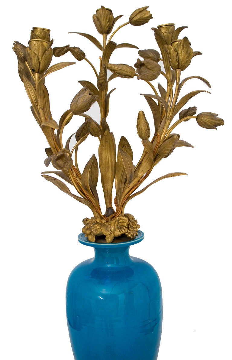 French Gilt Bronze and Porcelain Foliate Candelabra
