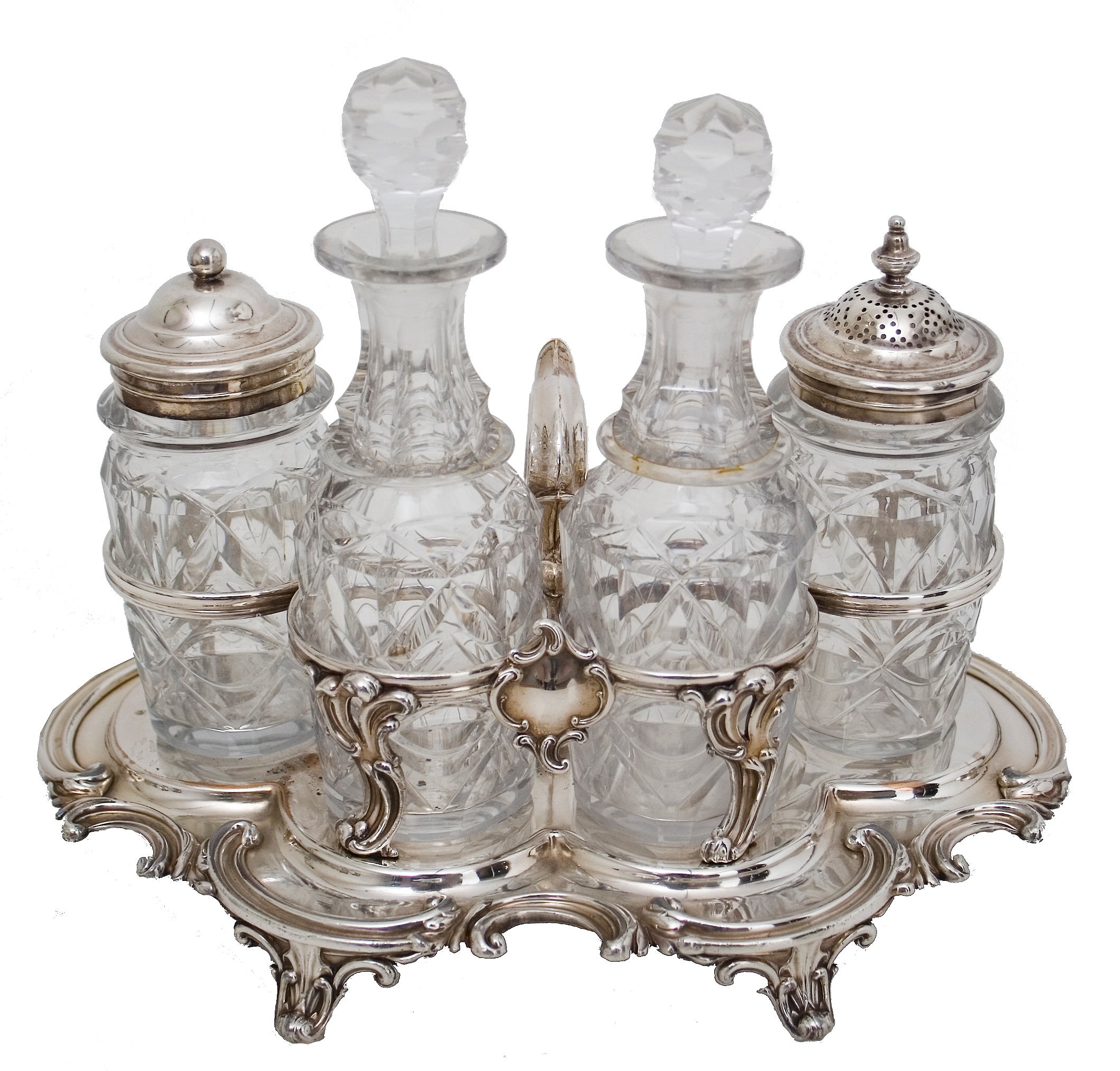 Old Sheffield and Crystal Four Bottle Cruet Set For Sale