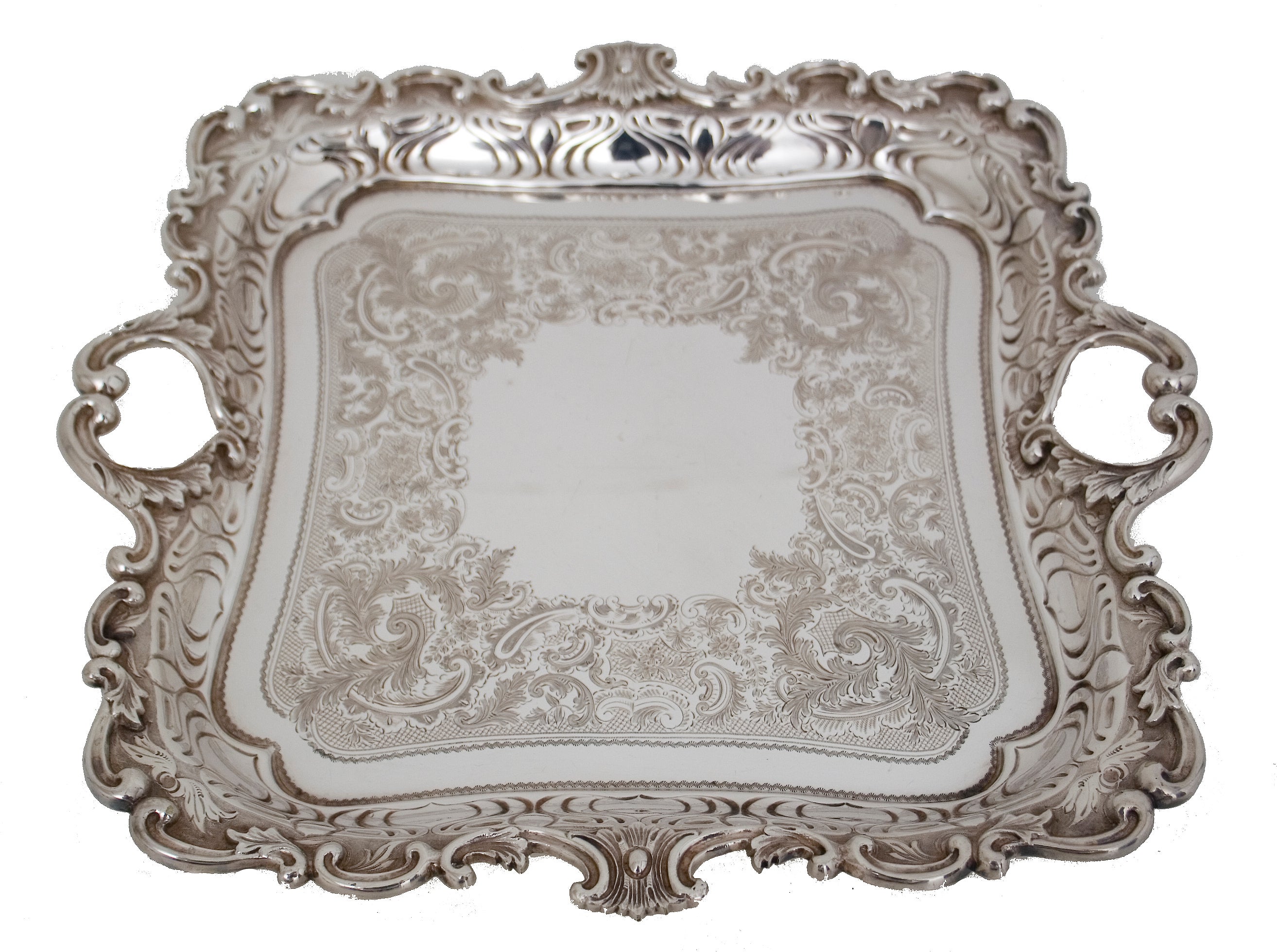 19th c. Elaborately Chased and Engraved Square Salver For Sale