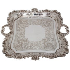 19th c. Elaborately Chased and Engraved Square Salver