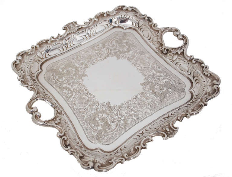 19th c. Elaborately Chased and Engraved Square Salver
