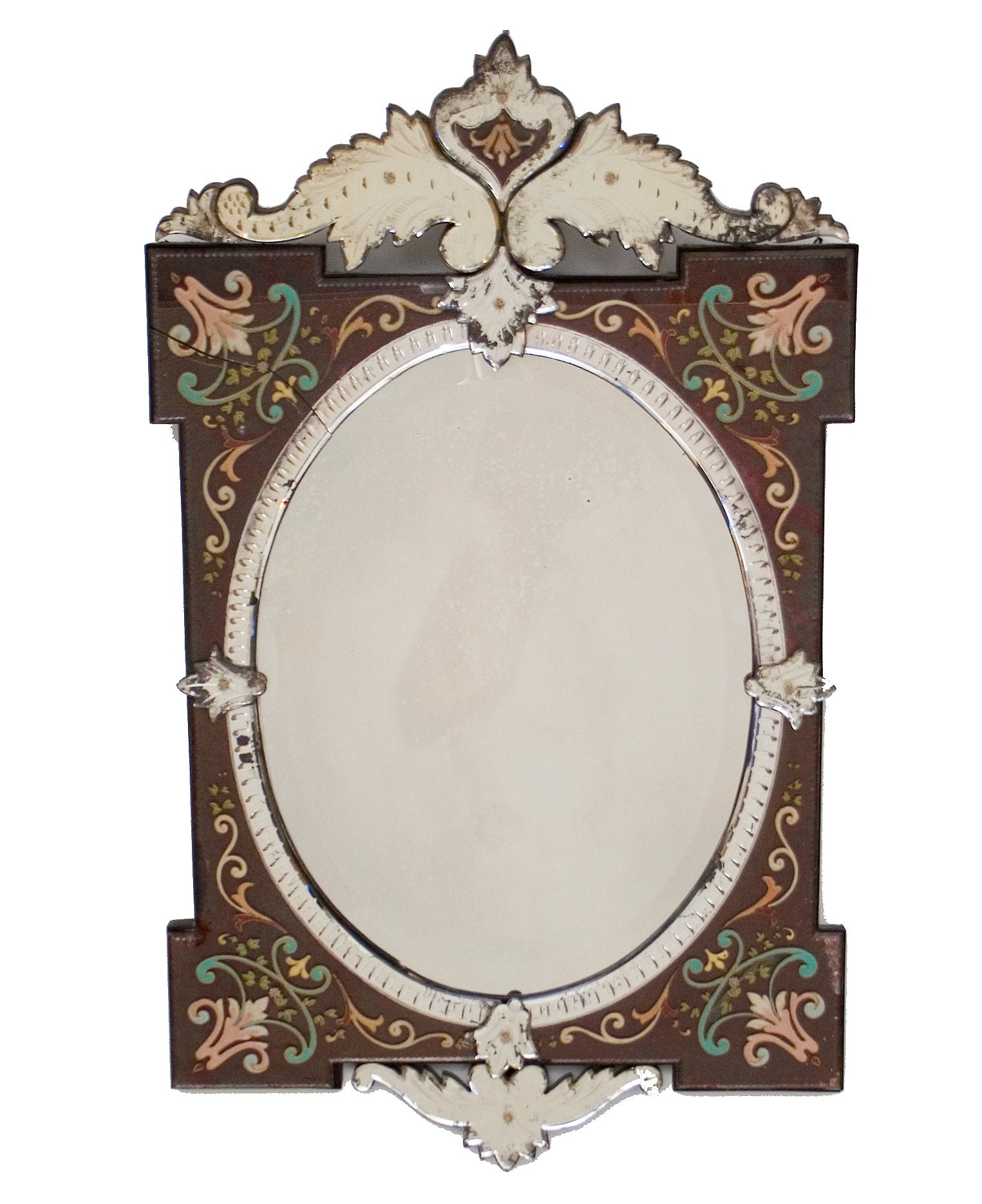 Unusual Venetian Glass Mirror with Enamel Decoration For Sale