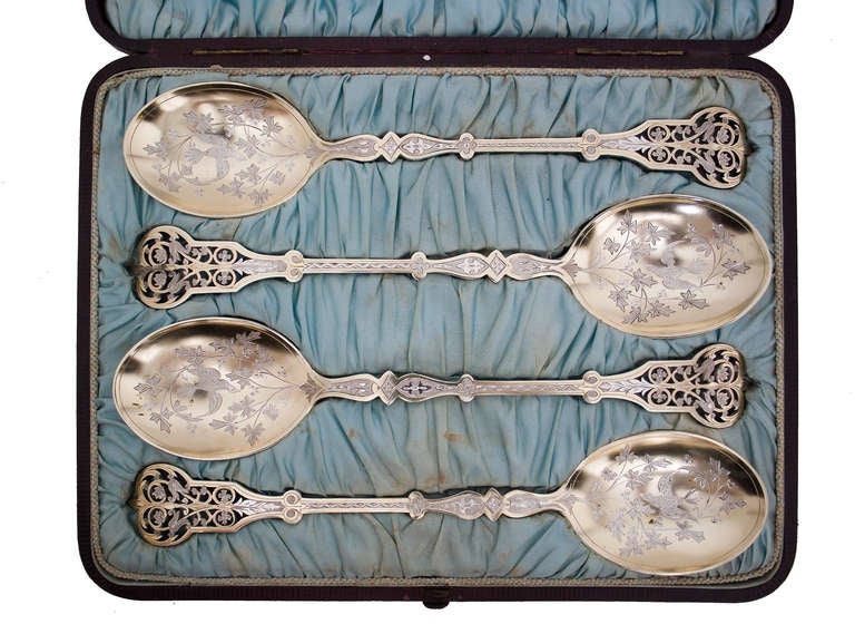 Set of Four Engraved and Pierced Victorian Silver Plated Berry Spoons in Case