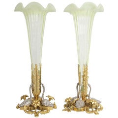 Antique Pair of Vaseline Glass Trumpet Vases