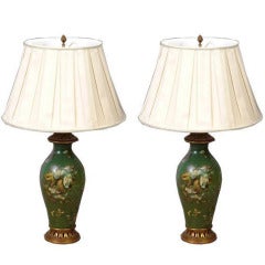 Pair of Green Ground Papier Mache Vase Lamps