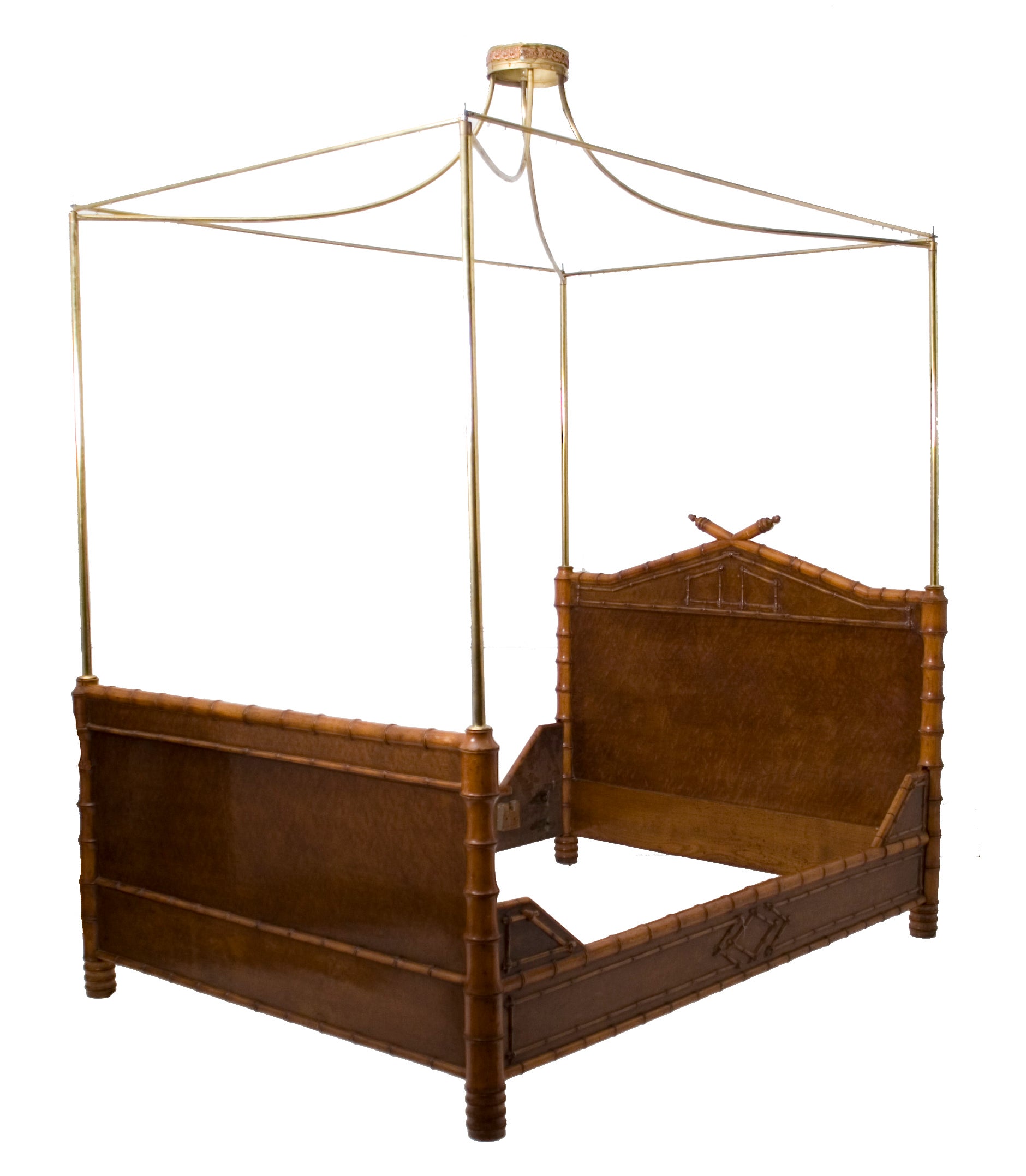 French Maple Faux Bamboo Bed with Brass Canopy For Sale
