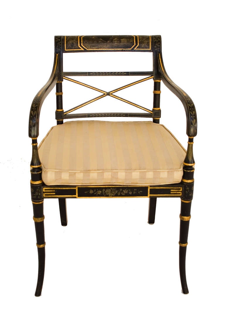 Pair of Regency Black Painted Open Armchairs