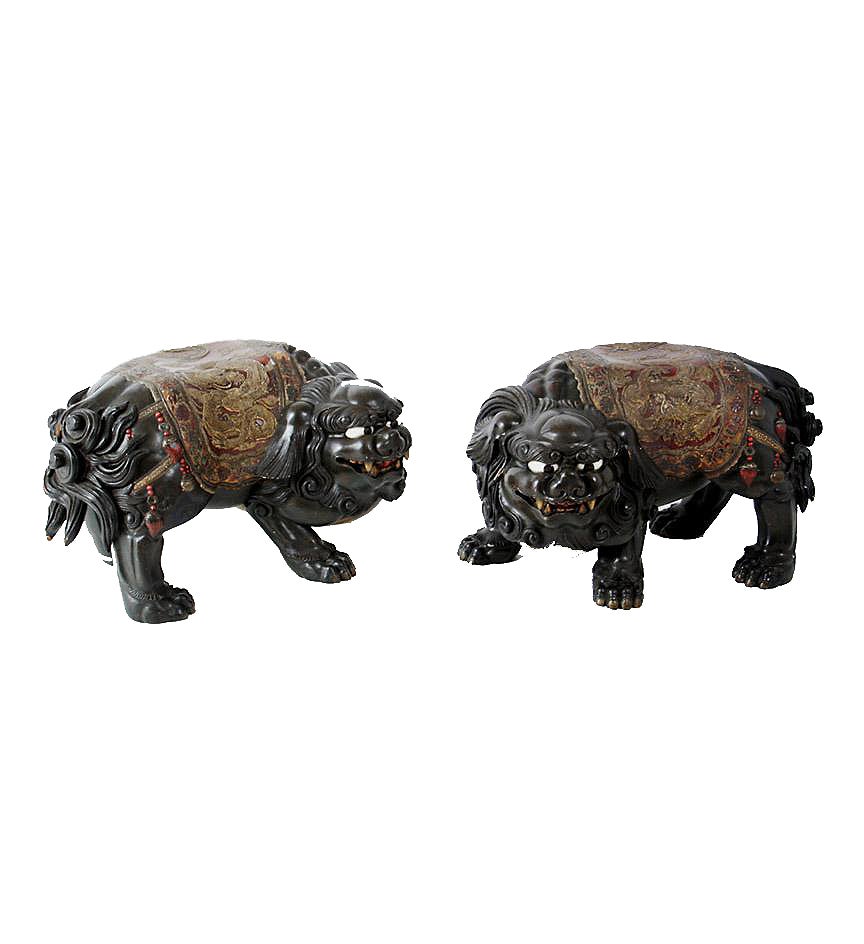 Pair of Chinese Lacquer Garden Seats Carved As Foo Dogs