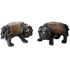 Pair of Chinese Lacquer Garden Seats Carved As Foo Dogs