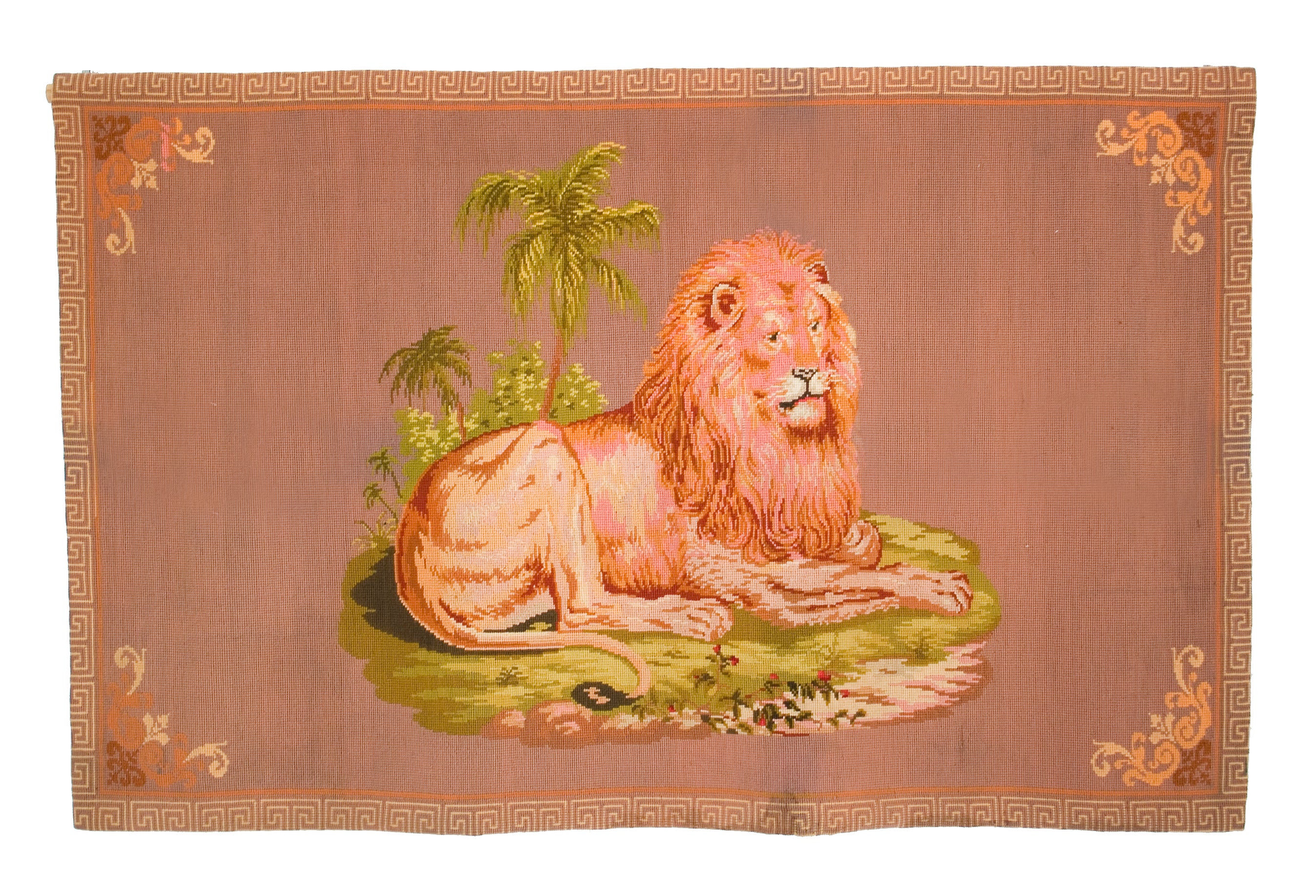 Large Neoclassical Needlework of a Lion in a Landscape For Sale