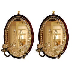 Antique Pair of Oval Burgundy Velvet-Backed Two-Light Mirrored Sconces
