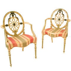 Used Pair of Adam Style Cream Painted Armchairs by Howard & Co