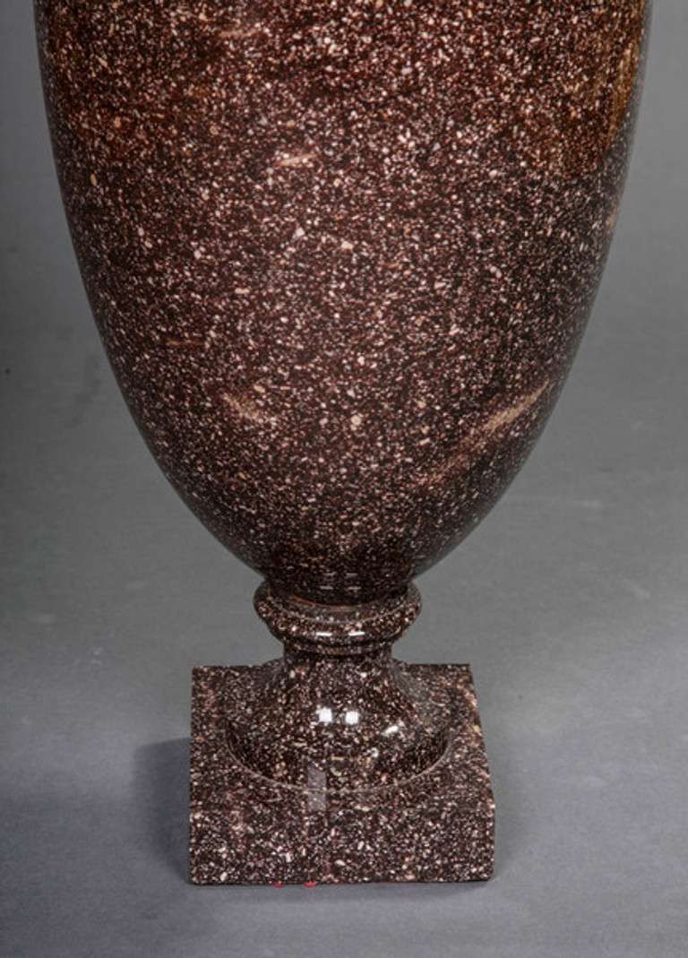 An elegant carved Blyberg Porphyry vase in the Neo-Classical style. 
Alvadalen (Elfdal) in Sweden is the only place in Europe that porphyry has been mined since antiquity. The mines there opened in the 1780’s and were subsequently purchased by