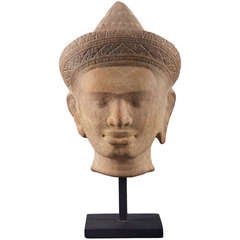 Carved Khmer Sandstone Head, 12th Century