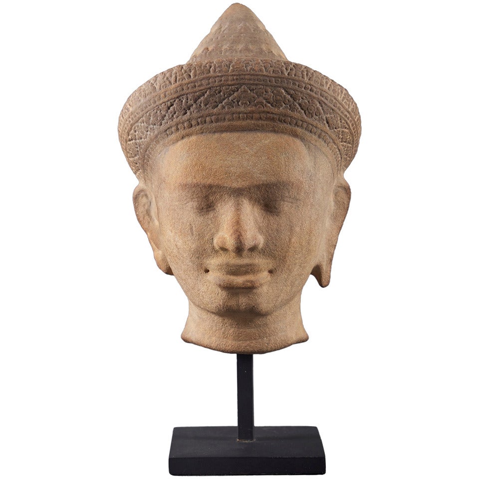 Carved Khmer Sandstone Head, 12th Century For Sale