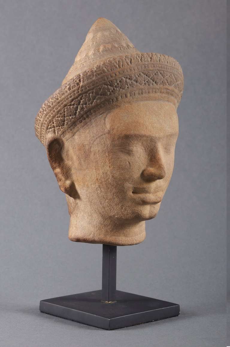 Cambodian Carved Khmer Sandstone Head, 12th Century For Sale