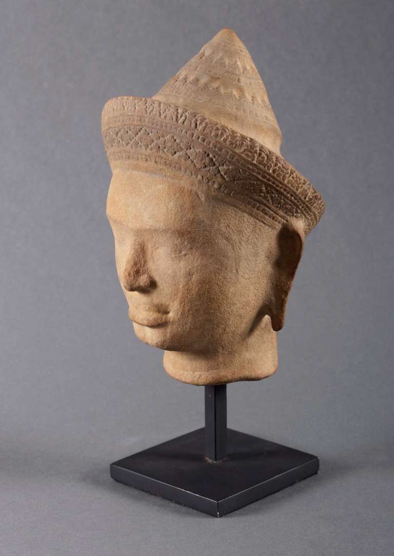 Carved Khmer Sandstone Head, 12th Century In Excellent Condition For Sale In London, GB